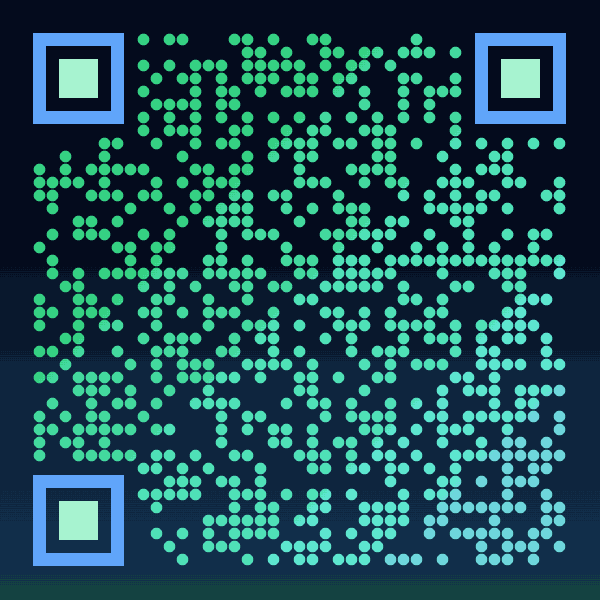 Animated dark QR code with a drifting green, violet, and blue aurora gradient