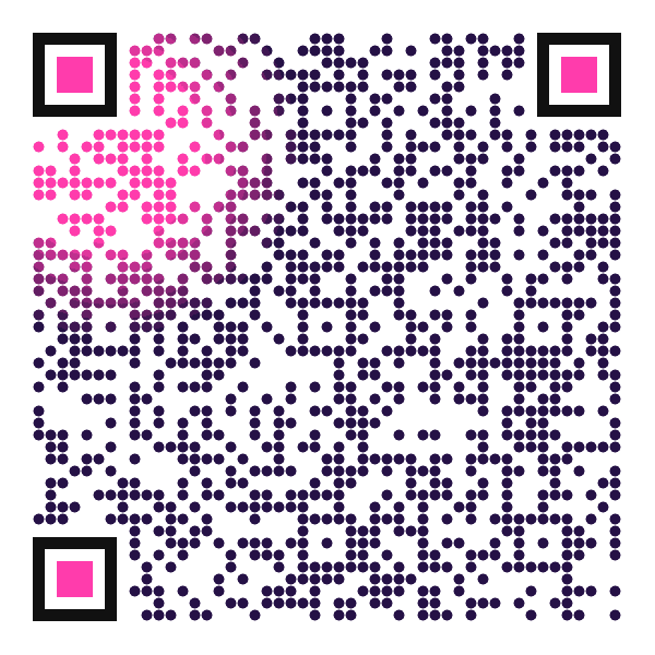 Dark animated QR code with a pink and blue spotlight sweeping across its modules