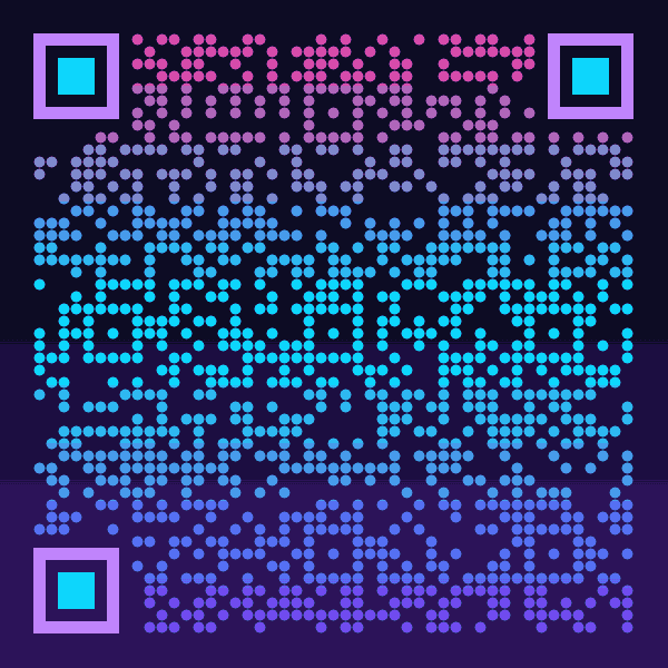 Animated dark QR code with pink, cyan, and violet neon reflections