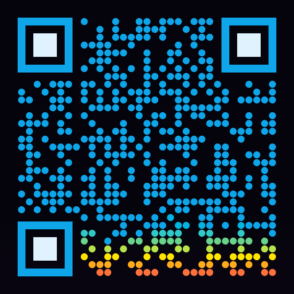 Animated QR code with a vivid pink and blue music-style pulse moving through dark modules