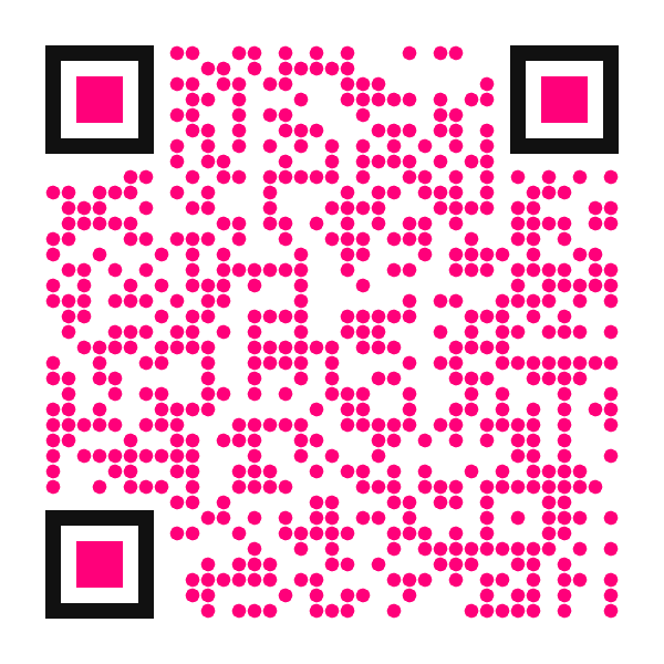 Animated dark QR code with hot pink neon disco pulse effects