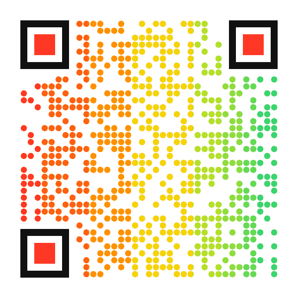 Animated QR code with a horizontal rainbow color sweep moving through its modules