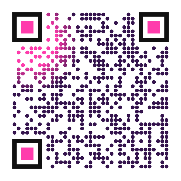 Dark animated QR code with a pink and blue spotlight sweeping across its modules