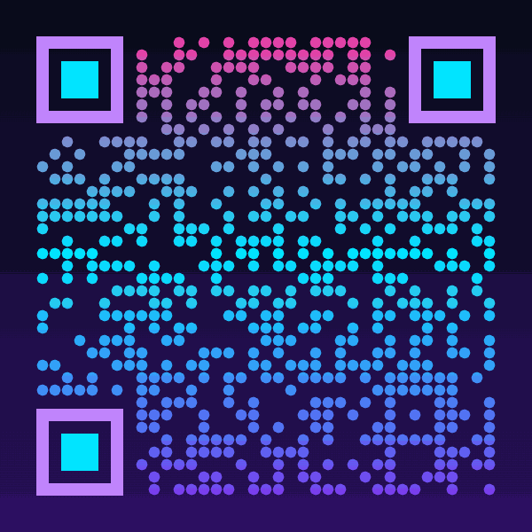 Animated dark QR code with pink, cyan, and violet neon reflections