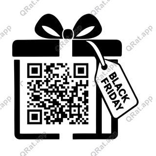 Bow-topped gift box with a white BLACK FRIDAY tag and empty square QR placement.