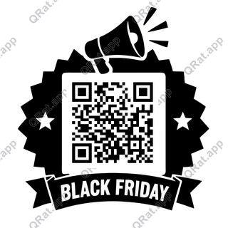 Distintivo nero burst con megafono, stelle, nastro BLACK FRIDAY e posizionamento vuoto quadrato del QR.