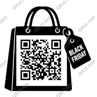 Silhouette de sac de courses avec poignées en boucle, badge suspendu BLACK FRIDAY, et emplacement carré de QR vide.