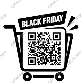 Einkaufswagen mit BLACK FRIDAY-Banner, Strahlen, Rädern und leerem quadratischen QR-Platz.