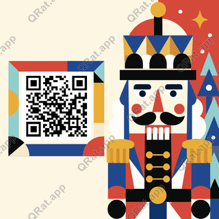 Geometric Bauhaus nutcracker beside a customizable Christmas QR code