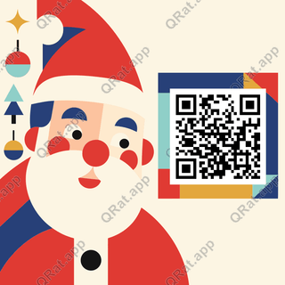 Friendly geometric Bauhaus Santa beside a customizable Christmas QR code