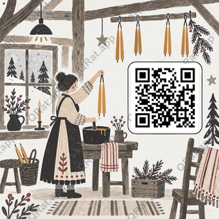 Candle-Dipping Cottage Folk Scene artwork with a customizable QR code area
