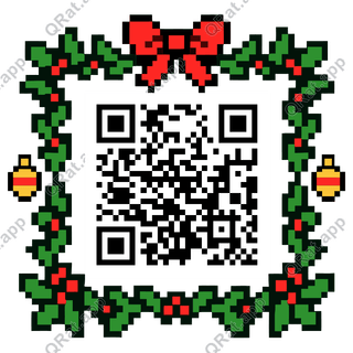 Evergreen Garland Bow And Ornaments artwork with a customizable QR code area