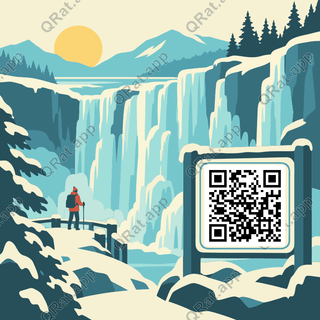 Frozen Waterfall Travel Scene artwork with a customizable QR code area
