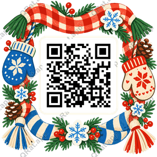 Mittens and Snowflakes Frame artwork with a customizable QR code area