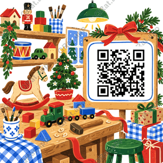 Christmas Toy Workshop artwork with a customizable QR code area