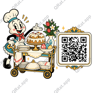 Easter Cake Trolley artwork with a customizable QR code area