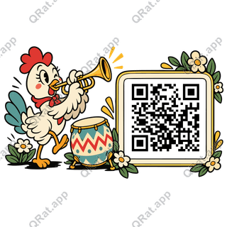 Trumpet Hen artwork with a customizable QR code area
