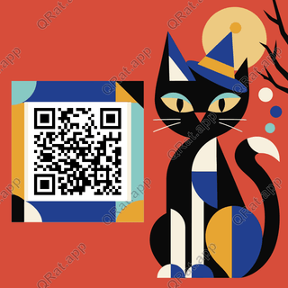 Geometric black cat and witch hat beside a customizable Halloween QR code