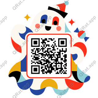 Friendly geometric ghost framing a customizable Halloween QR code