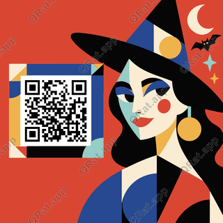 Geometric Bauhaus witch beside a customizable Halloween QR code