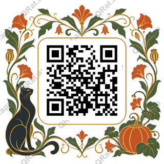 Nouveau Cat and Pumpkin Vine Frame artwork with a customizable QR code area