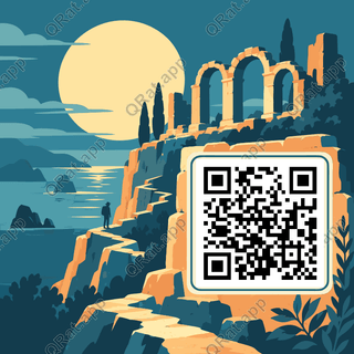 Moonlit Cliff Ruins Travel Scene artwork with a customizable QR code area