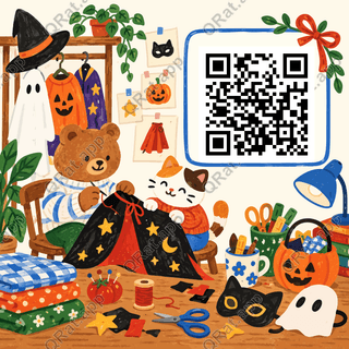 Costume Repair Corner artwork with a customizable QR code area