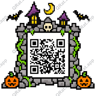 Haunted Stone Doorway Bats Moon And Pumpkins artwork with a customizable QR code area