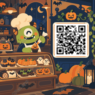 Monster Bakery artwork with a customizable QR code area