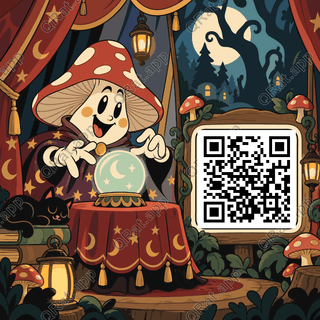 Mushroom Fortune Teller artwork with a customizable QR code area
