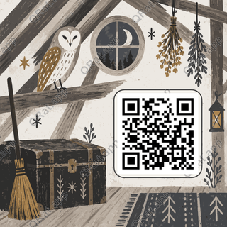 Midnight Owl Attic Folk Scene artwork with a customizable QR code area