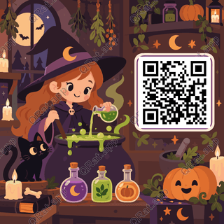 Witch's Potion Workshop artwork with a customizable QR code area