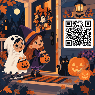 Trick-or-Treat Doorstep artwork with a customizable QR code area