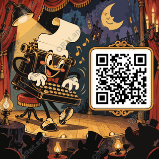 Midnight Typewriter Pianist artwork with a customizable QR code area