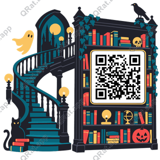 Haunted Library artwork with a customizable QR code area
