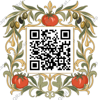 Olive-and-Tomato Frame artwork with a customizable QR code area