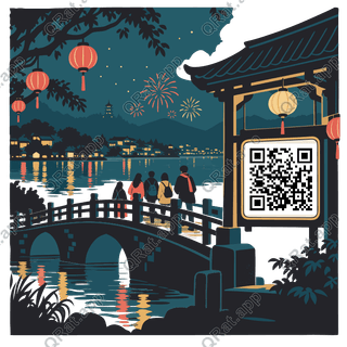 Lantern Bridge at Midnight artwork with a customizable QR code area