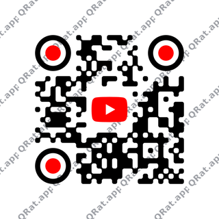 Black QR code with red YouTube-style finder accents and a centered red play logo